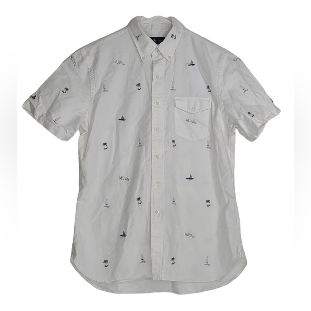 Ralph Lauren Embroidered Hawaiian Shirt Aloha Palm Trees L Slim Fit Mens - Picture 1 of 8